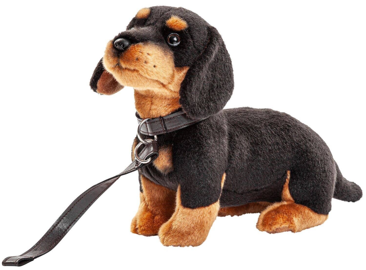 Gravhund med halsbånd og snor – 27 cm længde – blød krammebamse