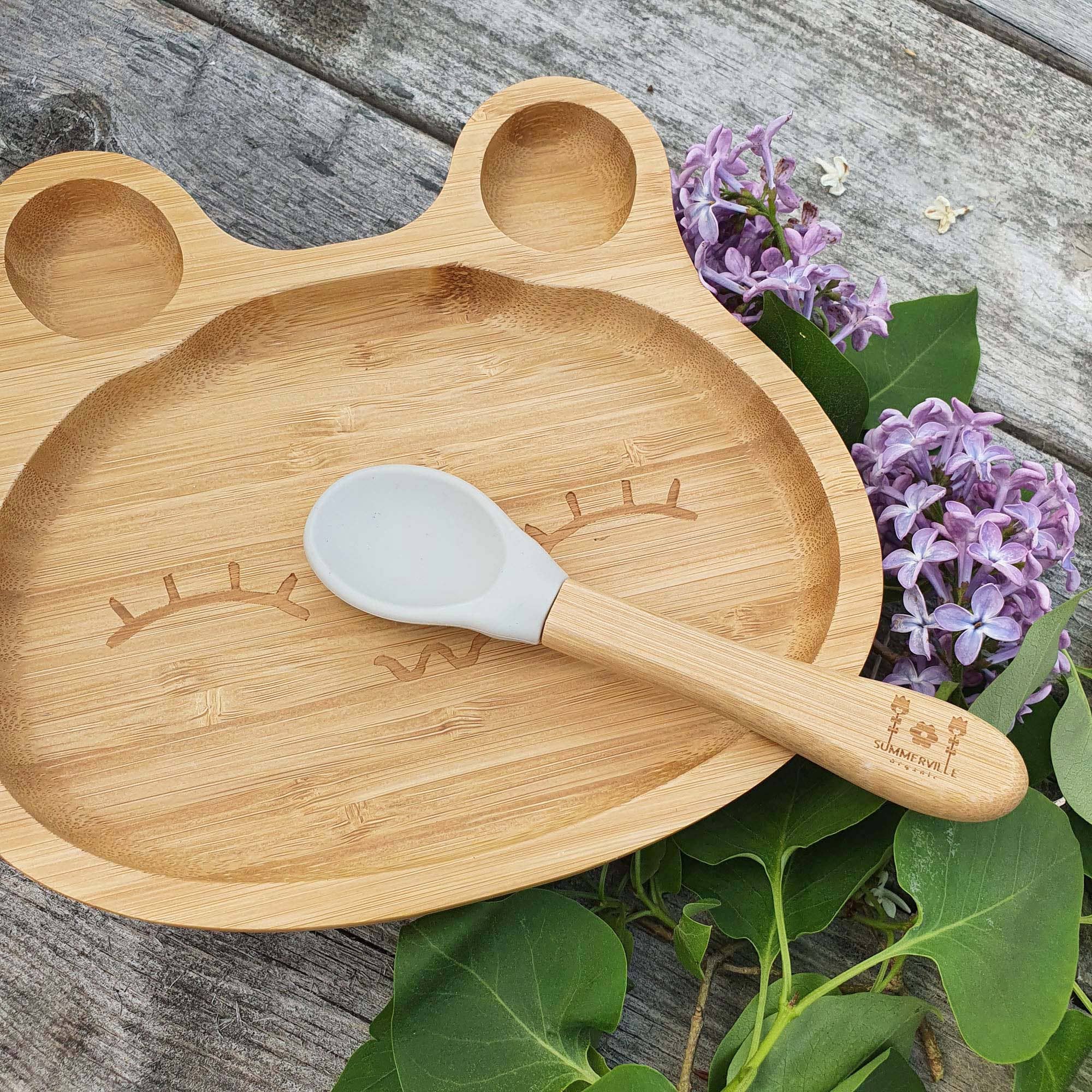 Børneservice i bambus med kaninmotiv, grå